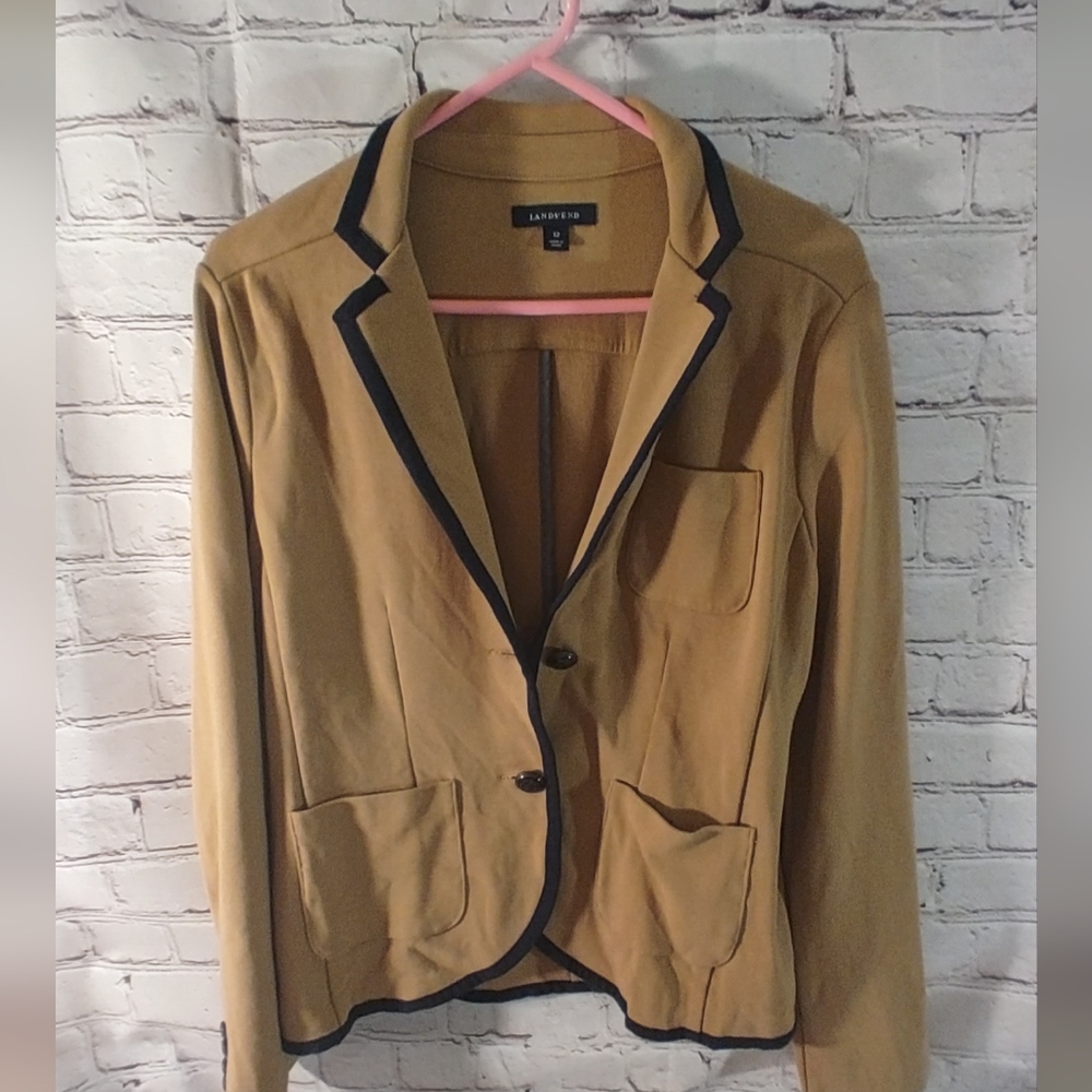 Lands' End Women's Academia Brown Tuxedo Jacket Cotton Stretch Blazer 12 Preppy